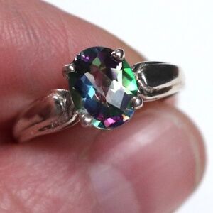 Mystic Rainbow Topaz Oval Gemstone 925 Sterling Silver Vintage Ring Size 7